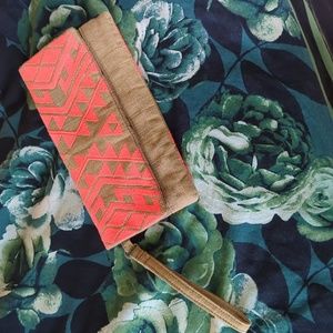 Cloth wristlet, tan with pink-orange embroidery